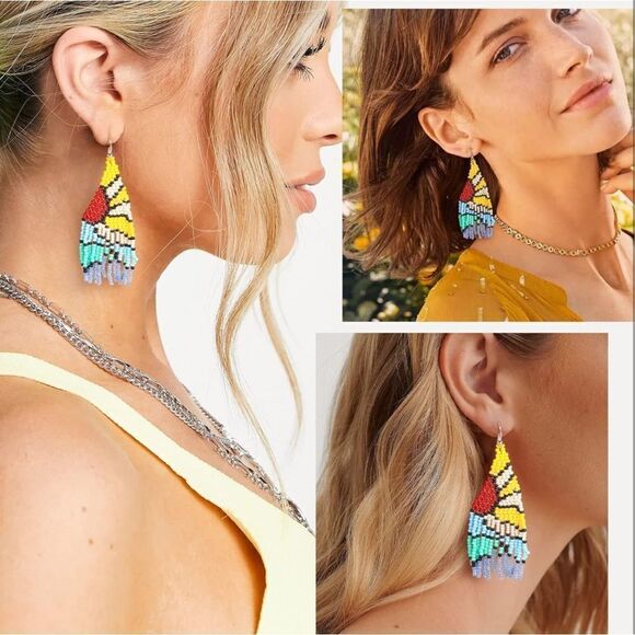 Multicolor Boho Seed Bead Tassel Dangling Statement French Wire Hook Earrings - Picture 6 of 8